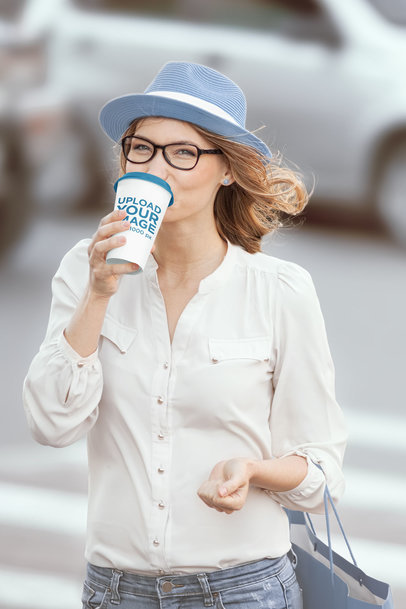 Paper Cup Mockup of a Happy Woman Crossing the Street 36882-r-el2