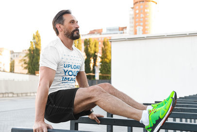 T-Shirt Mockup of a Middle-Aged Man Working Out
