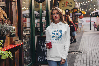 Mockup of a Woman Wearing a Customizable Hoodie and Holding a Coffee 4780-el1