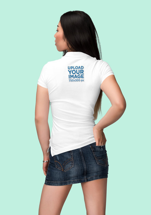 Back View Mockup of a Long-Haired Woman Wearing a Polo Shirt 