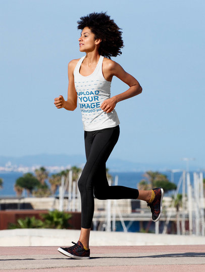 Tank Top Mockup of a Woman Running by a Bay