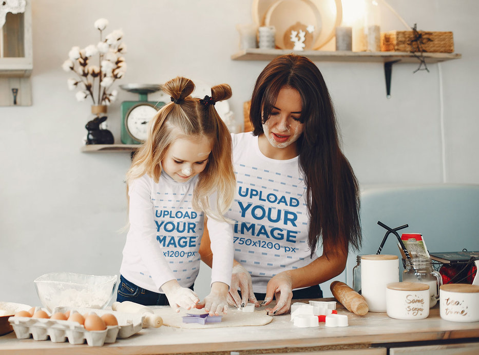 Long Sleeve Tee and T-Shirt Mockup of Mother and Daughter Making Cookies