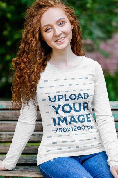 Heather Long Sleeve Tee Mockup of a Woman Sitting on a Bench