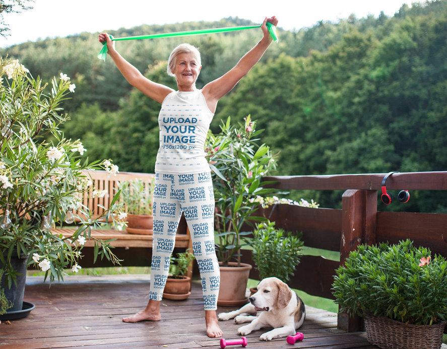 Tank Top and Leggings Mockup Featuring a Senior Woman Working Out