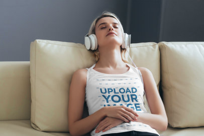 Tank Top Mockup of a Woman Listening to Music at Home