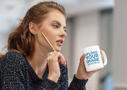 11 oz Mug Mockup Featuring a Woman at Home Drinking Coffee 