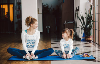 Long Sleeve Tee Mockup of a Woman and Her Daughter Stretching