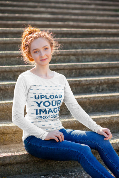 Heather Long Sleeve Tee Mockup of a Woman Sitting on a Concrete Stairway