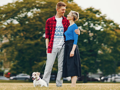 Mockup of a Man with a T-Shirt with His Girlfriend Walking Their Pet