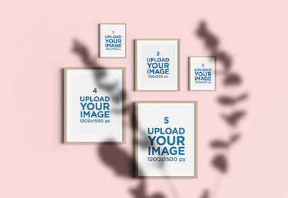 Mockup Featuring Five Art Prints and a Plant Shadow 