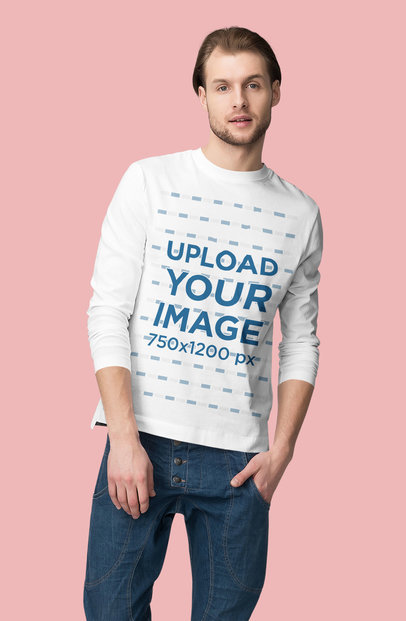 Long Sleeve Tee Mockup Featuring a Man Posing Against a Colored Backdrop 