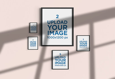 Mockup Featuring Five Art Prints Hanging on a Colored Wall 