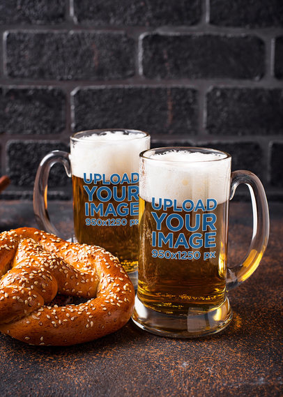 Mockup of Two Beer Glasses and a Pretzel
