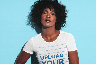 T-Shirt Mockup of a Curly-Haired Woman with a Strong Look on Her Face