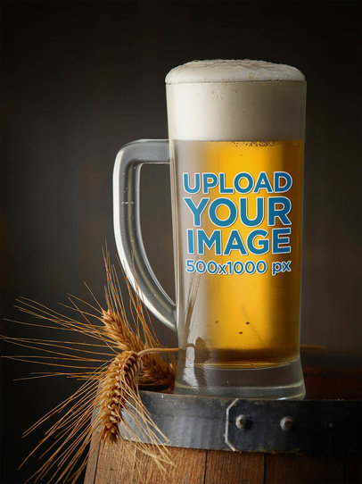 Mockup of a Beer Glass Placed on a Barrel