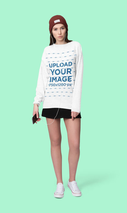 Mockup of a Young Woman Wearing a Sweatshirt in a Studio