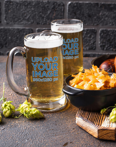 Mockup of Two Beer Glasses Featuring a Bowl of Food