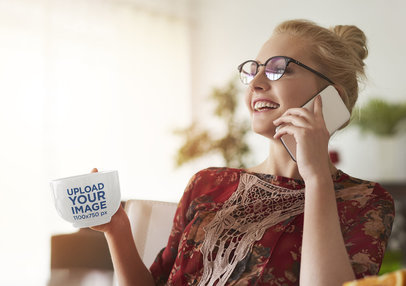 Mockup of a Woman with a 24 oz Coffee Mug Talking on the Phone 38110-r-el2
