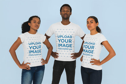 T-Shirt Mockup of a Man and Two Women Striking a Power Pose 26413