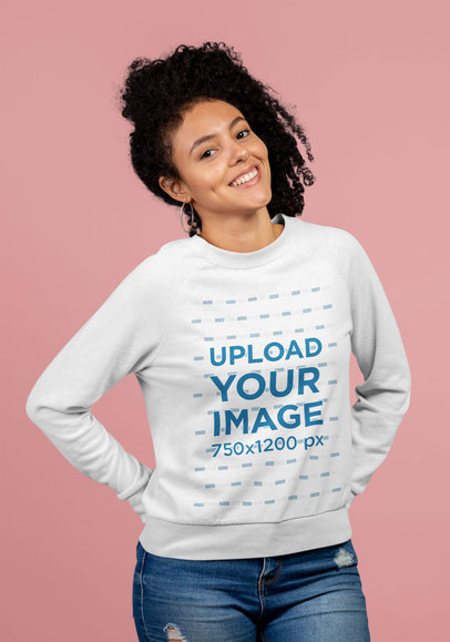 Crewneck Sweatshirt Mockup of a Smiling Woman in a Studio