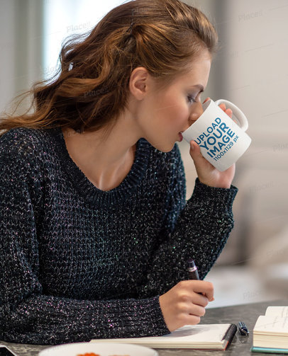 Mockup of a Woman at Home Drinking from an 11 oz Mug 