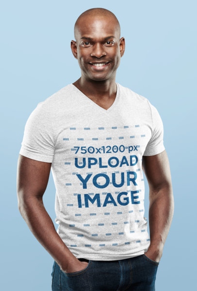 V-Neck T-Shirt Mockup of a Smiling Man in a Studio