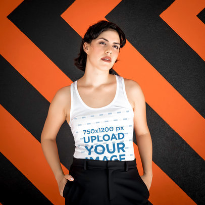 Tank Top Mockup of a Woman Posing Against a Patterned Background