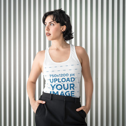 Tank Top Mockup of a Serious Woman Posing Against a Striped Background 