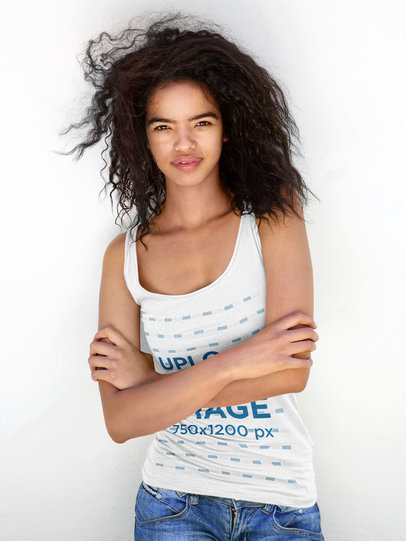 Tank Top Mockup of a Curly-Haired Woman Crossing Arms