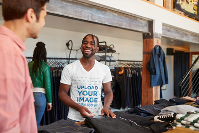 V-Neck T-Shirt Mockup of a Man at a Clothing Store