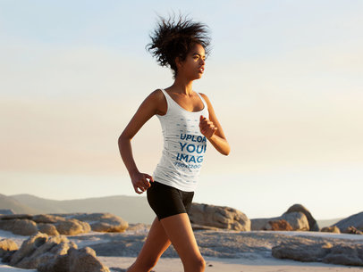 Tank Top Mockup of a Kinky-Haired Woman Running in the Beach