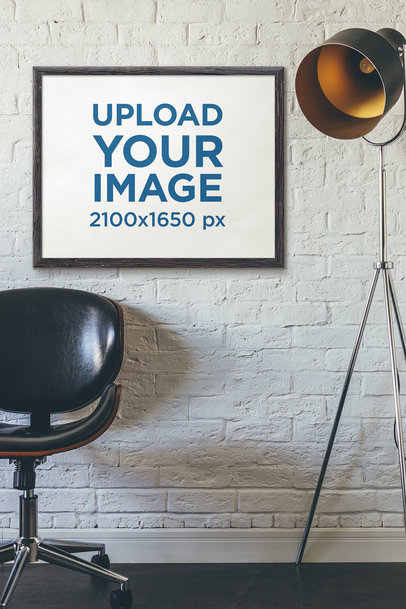 Art Print Mockup Featuring a Modern Floor Lamp and a Black Leather Chair 