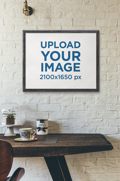 Art Print Mockup Featuring a Rustic Wooden Table 