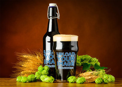 Mockup of a Beer Bottle and a Glass Surrounded by Wheat 