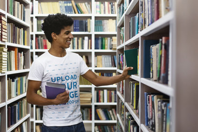 Round-Neck Tee Mockup of a Man at a Library