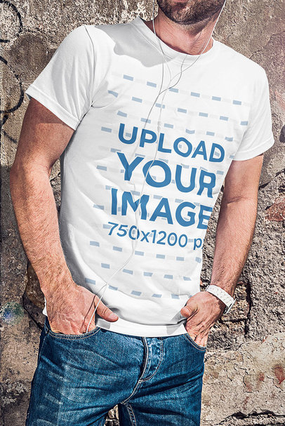 Cropped Face Mockup of a Man Wearing a Crew Neck T-Shirt and Listening to Music 