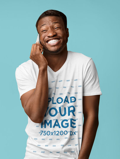 V-Neck T-Shirt Mockup of a Happy Bearded Man Talking on the Phone