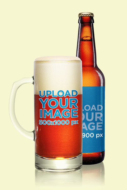Mockup of a Beer Glass and Bottle Against a Plain Background