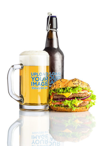 Mockup of a Beer Glass and a Bottle Next to a Juicy Burger 
