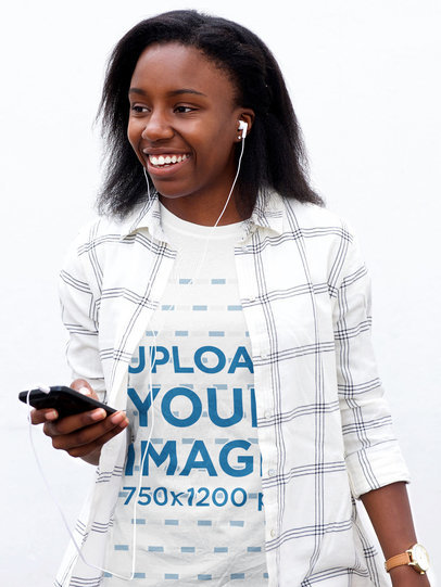 T-Shirt Mockup of a Woman Listening to Music From Her Phone 38901-r-el2