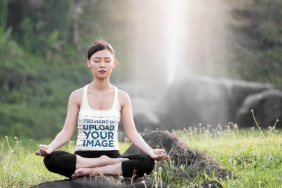 Tank Top Mockup of a Woman Meditating in Front of a Waterfall