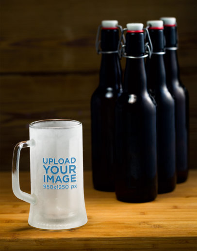 Mockup of a Frozen Beer Glass Featuring Some Bottles