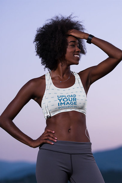 Sports Bra Mockup of a Happy Woman Exercising in the Outdoors