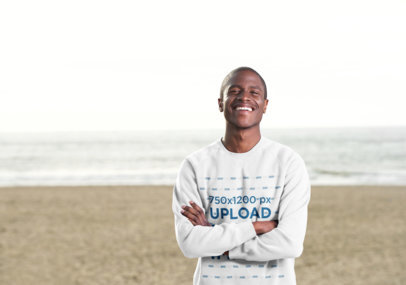 Crewneck Sweatshirt Mockup of a Happy Man on the Beach
