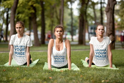 Tank Top and T-Shirt Mockup of Three Women Doing Yoga at a Park