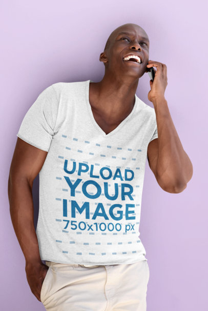 V-Neck T-Shirt Mockup of a Happy Man on the Phone 38843-r-el2