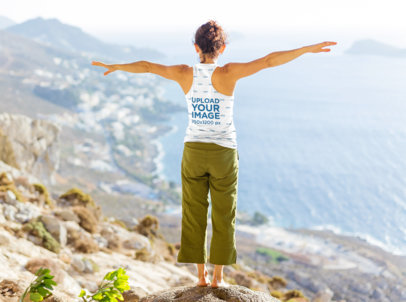 Back View Mockup of a Woman with a Racerback Tank Top Admiring the View