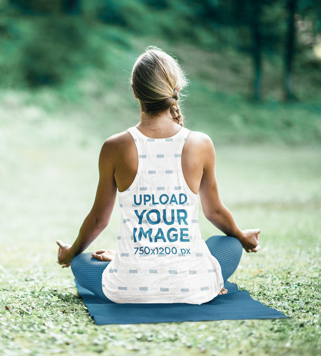 Back View Mockup of a Woman Wearing a Sublimated Tank Top While Meditating 