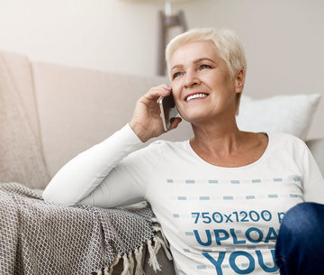 Long Sleeve Tee Mockup of a Senior Woman on the Phone 
