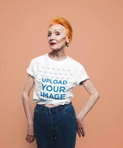 Mockup of a Senior Woman Posing at a Studio with a T-Shirt
